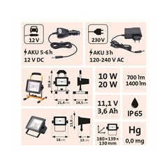 Svietidlo nabíjateľné LED, 20W, 1400lm, 11,1V Li-ion, 4400mAh, IP65, 12+230V