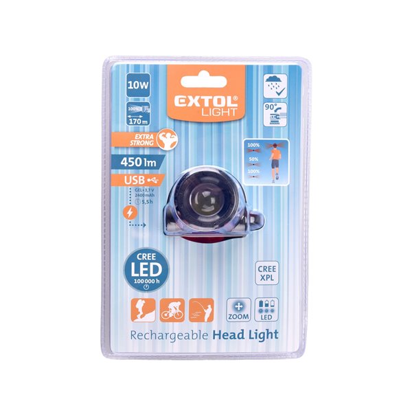 Čelovka CREE XPL LED, 450lm, 3,7V Li-Po 2,4Ah, nabíjanie cez USB