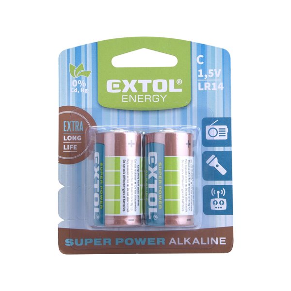 Batéria alkalická 2ks, 1,5V, typ C, LR14, EXTOL ENERGY