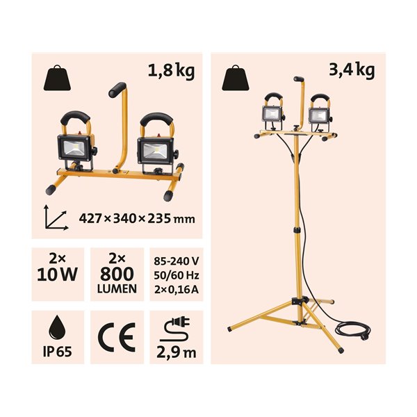 Svietidlo LED so stojanom, 2x10W LED, svietivosť 2x800 lúmenov, EXTOL LIGHT