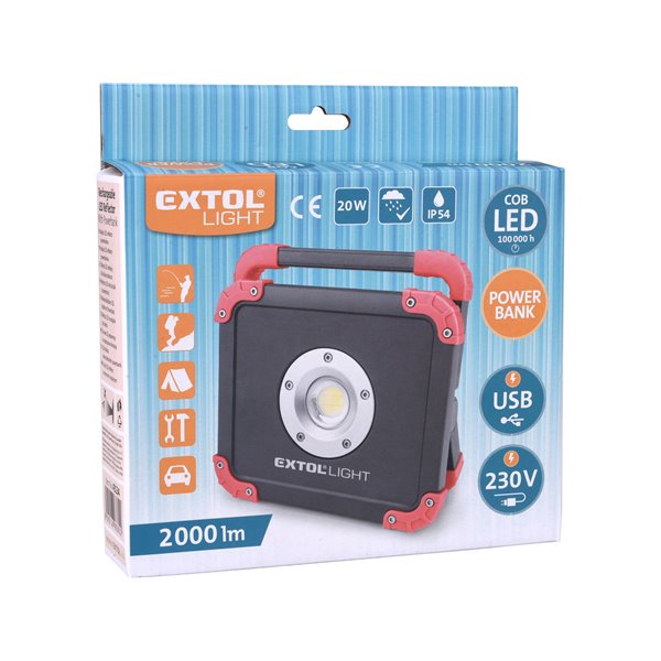 Svietidlo akumulátorové LED, 20W COB LED, 3,7V/6,6Ah Li-ion, EXTOL LIGHT