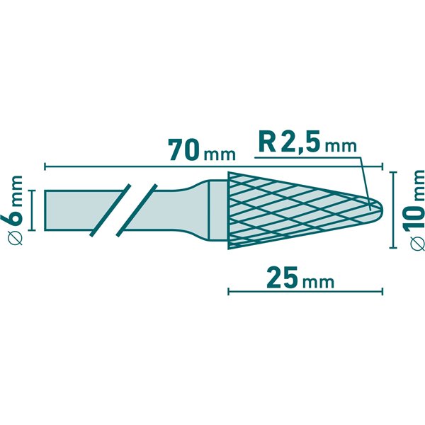 Fréza karbidová kónická, pologuľaté čelo, pr.10mm, EXTOL INDUSTRIAL