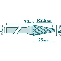 Fréza karbidová kónická, pologuľaté čelo, pr.10mm, EXTOL INDUSTRIAL