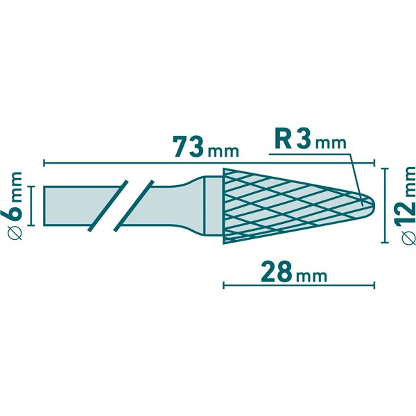 Fréza karbidová kónická, pologuľaté čelo, pr.12mm, EXTOL INDUSTRIAL