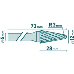 Fréza karbidová kónická, pologuľaté čelo, pr.12mm, EXTOL INDUSTRIAL