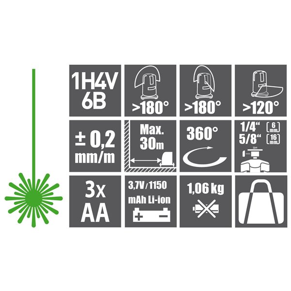 Vodováha laserová krížová samonivelačná, 1H-4V-6B, zelený lúč, Li-ion akumulátor, USB nabíjanie, FOR