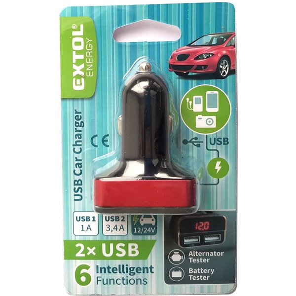 Nabíjačka USB do auta, 12-24V, výstup 5V/3,1A, 2xUSB, LCD, 12V/24V, 2xUSB (1A/5W, 3,4A/17W), LCD, úč