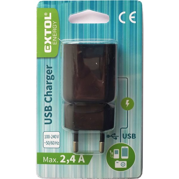 Nabíjačka USB, 100-240V, výstup 5V/2,4, 100-240V, 1xUSB (2,4A/12W), EXTOL ENERGY