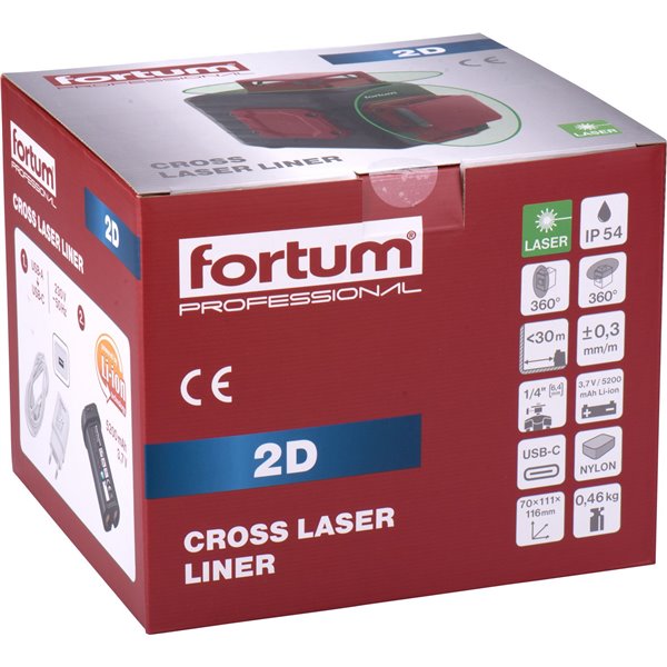 Vodováha laserová samonivelačná, 2D(1H360+1V360), zelený laser, Li-ion akumulátor, FORTUM