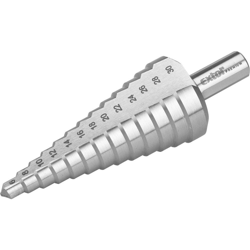 Vrták stupňovitý DIN 1412C, 6-30mm, stupňovanie 2mm, 13 otvorov, HSS, EXTOL PREMIUM