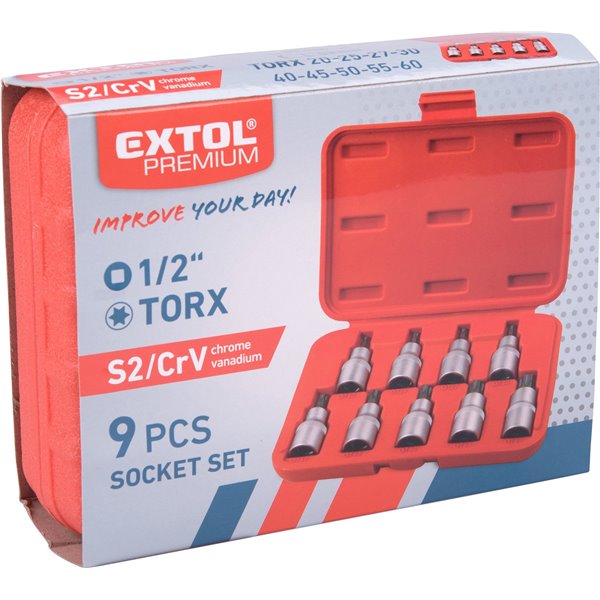 Hlavice zástrčné TORX, 9-dielna sada, CrV/S2, EXTOL PREMIUM